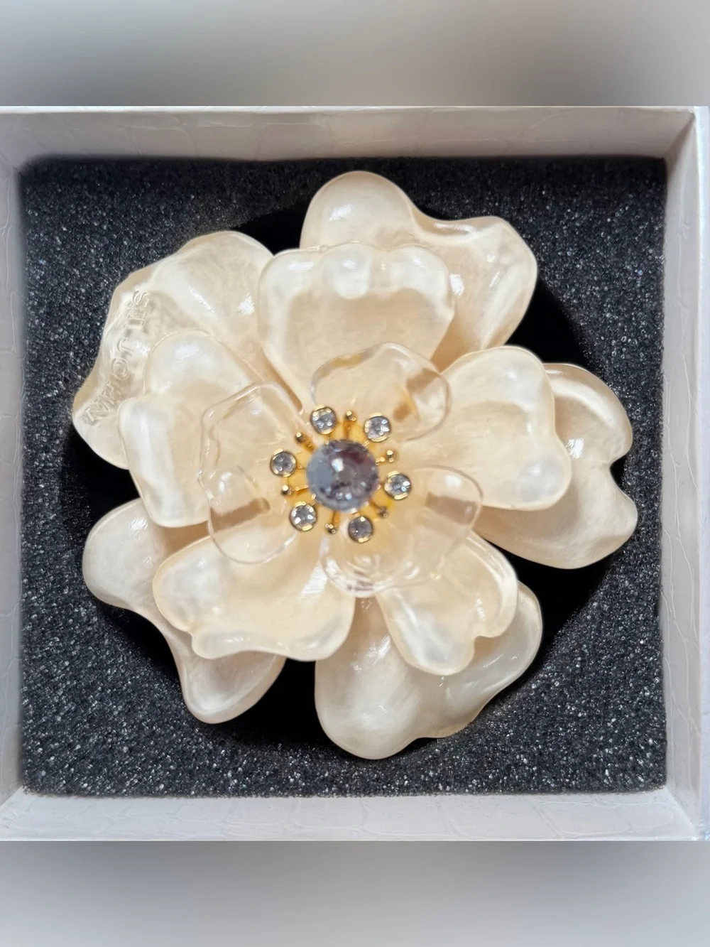 Vintage St. John Couture Lucite Swarovski Crystal Camellia Flower Brooch Pin NIB